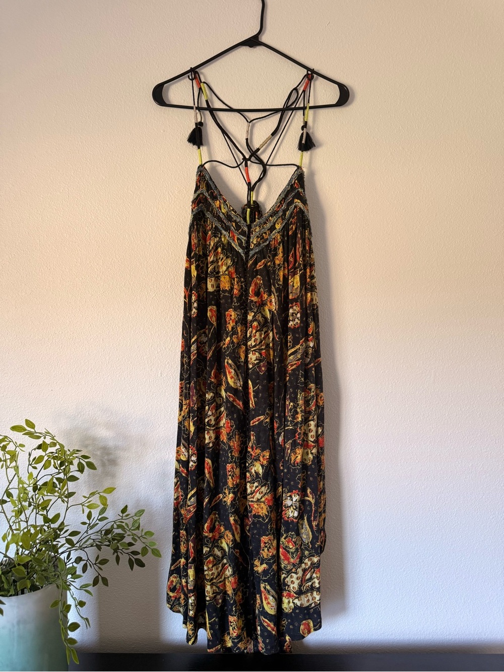 Free People Black Floral Maxi Dress with Orange and Cream Accents